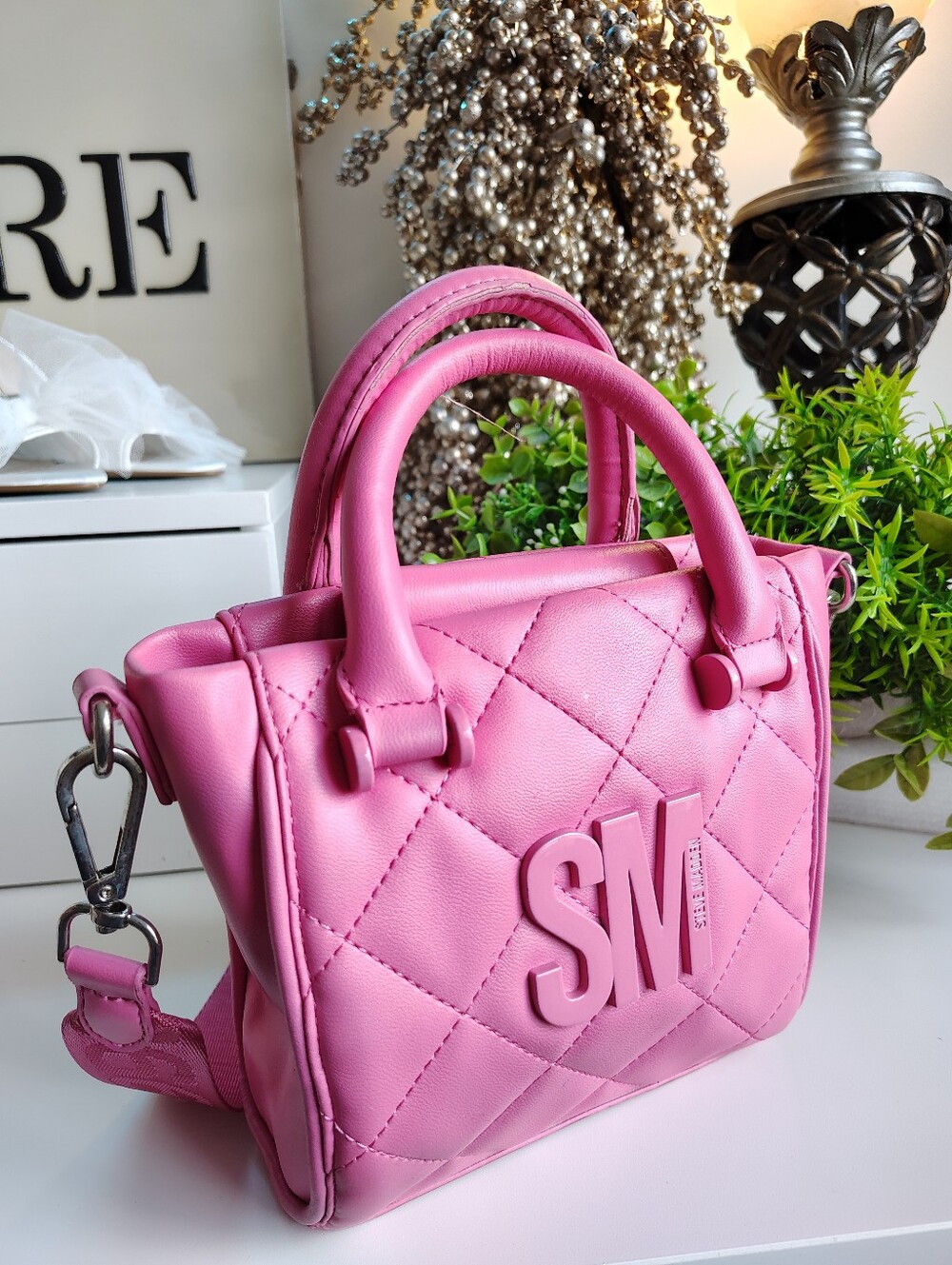 Steve Madden Pink Quilted Mini Tote Crossbody Bag Hot Pink - Picture 9 of 9